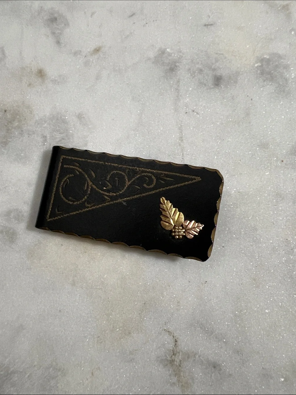 Vintage Black Metal Money Clip with Gold Tone Leaf Accent